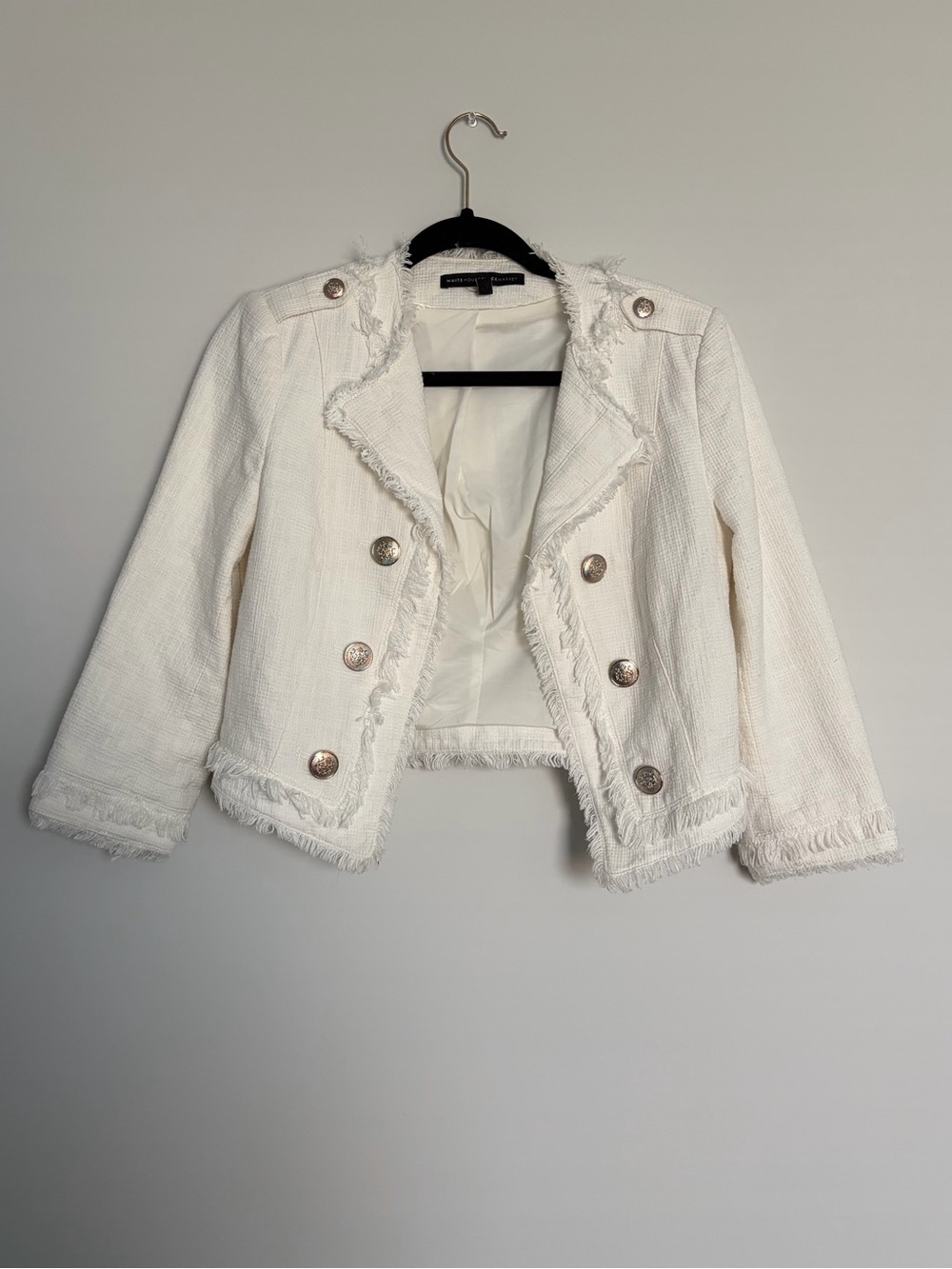 White House Black Market Tweed Fringe Military Jacket Ivory Gold Buttons Size 6